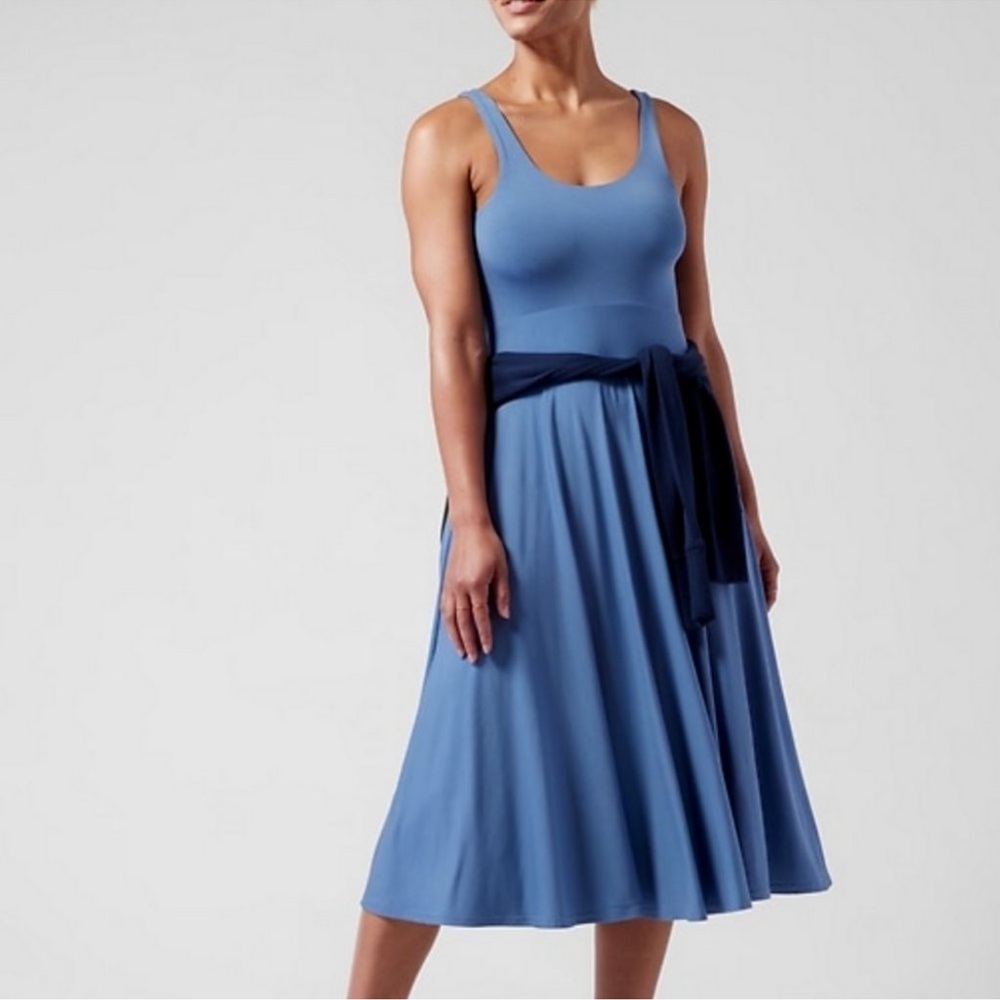 ATHLETA COTTAGE BLUE SANTORINI MIDI DRESS Small Fit Flare Soft Cozy Casual Easy